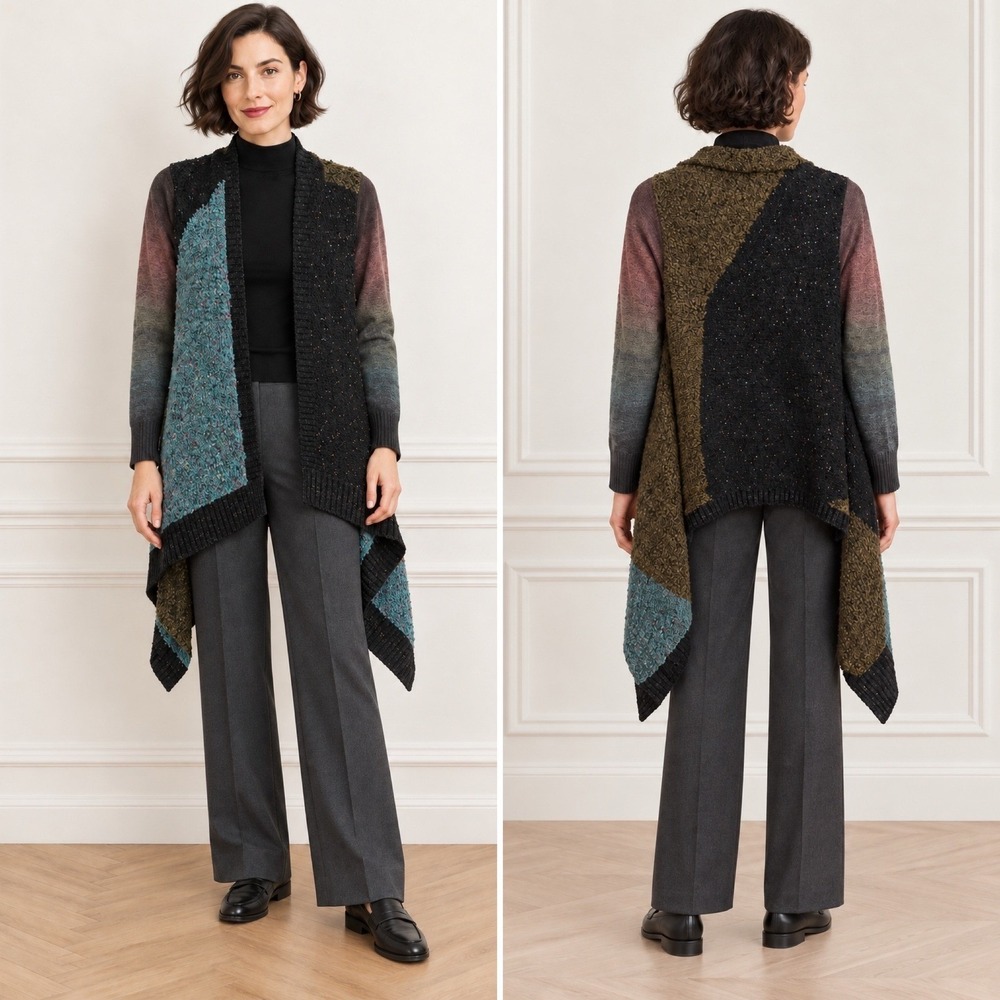 Y2K Cardigan XL Colorblock Open Front Draped Bouclé Knit Sweater Art to Wear